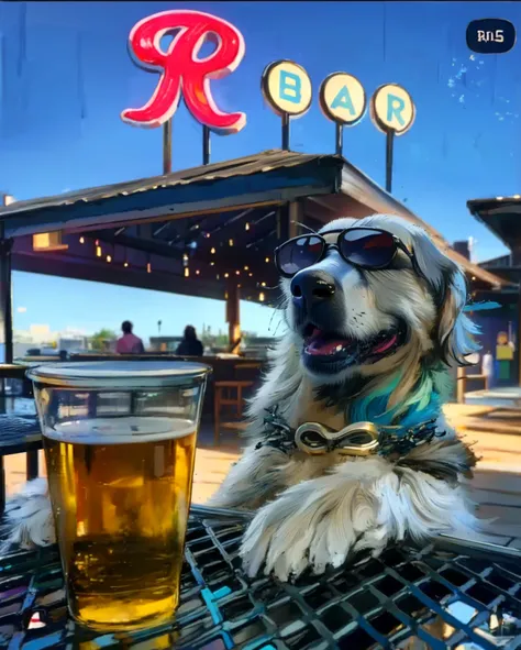 create a fun and creative shirt print inspired by the image of a golden retriever dog in sunglasses, relaxing at an outdoor bar ...