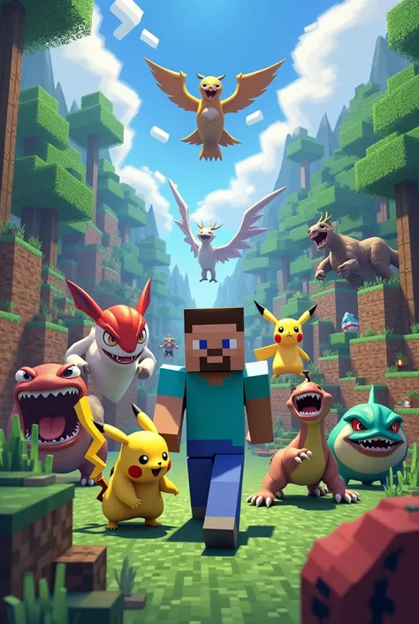 Steve de Minecraft contra pokemons
