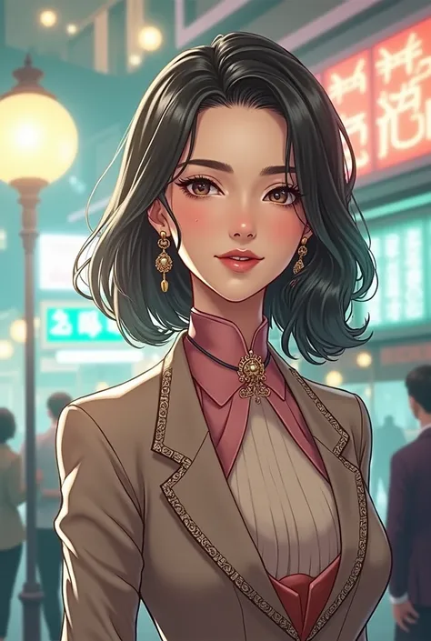 gorgeous young woman, short black hair, eyes browns, empress,pleated skirt suit,street lamps,neon,busy street background,(へそ:1.1,princess eyes), nobility, royaltly, high qualiy, work of art, highy detailed