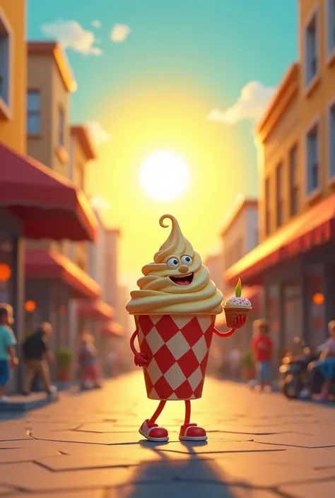 an animated sun eating ice cream from a cup walking down the street 

