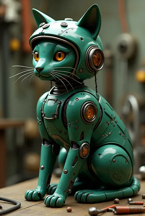 Green robot cat with engineer helmet 