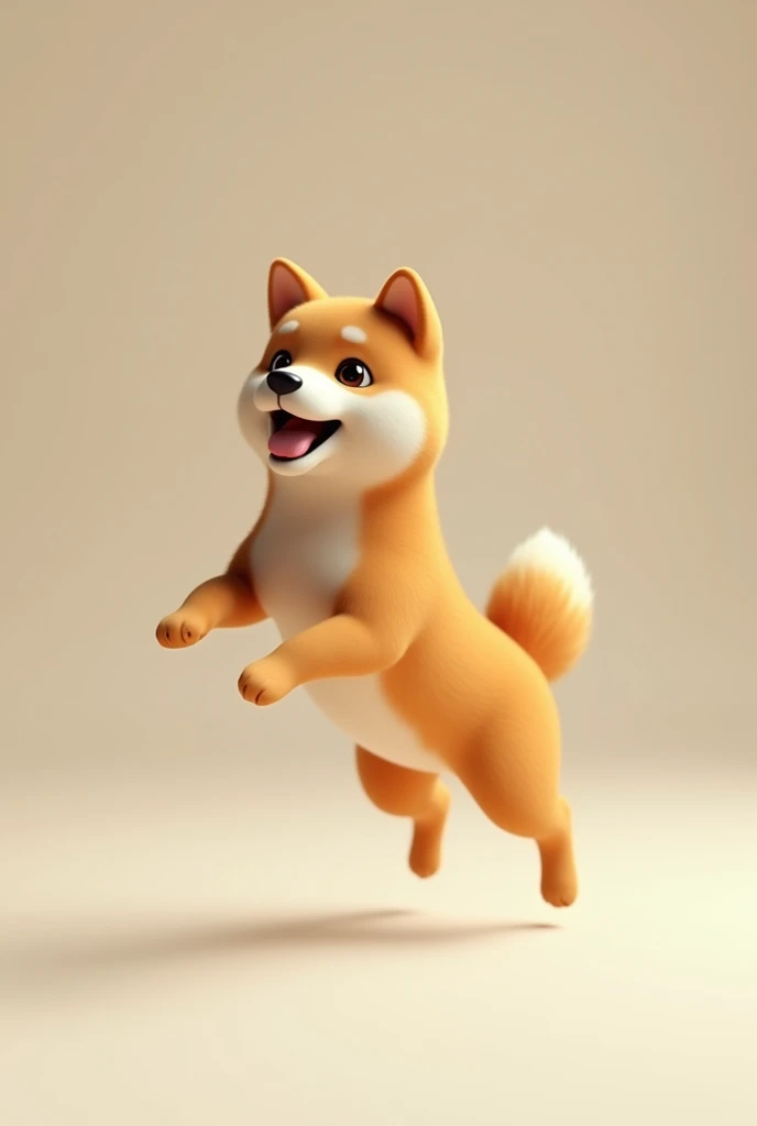 A palm-sized Shiba Inu jumps and descends to the ground