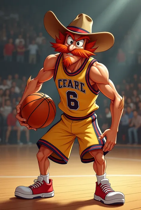 Yosemite sam wearing basketball clothes and a basketball in his hand