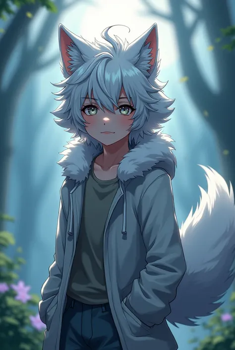 Anime boy with wolf ears and tail With white fur