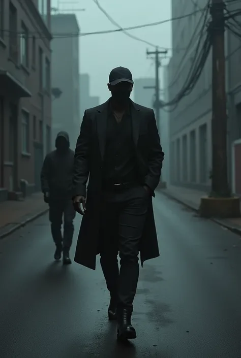 Tall, black-skinned man, wearing black surgical mask, Black cap, Black jacke, black gothic style pants, walking down the road with his beloved