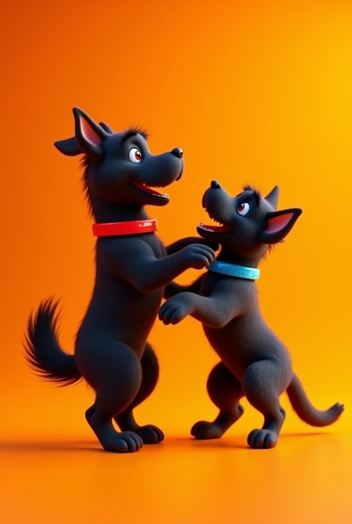 Generates an animated image of two black dogs, one large with a red collar and the other medium with a blue collar, on an orange background 