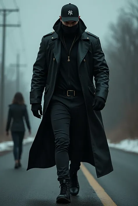 Tall, black-skinned man, wearing black surgical mask, Black cap, Black jacke, black gothic style pants, walking down the road with his girlfriend 