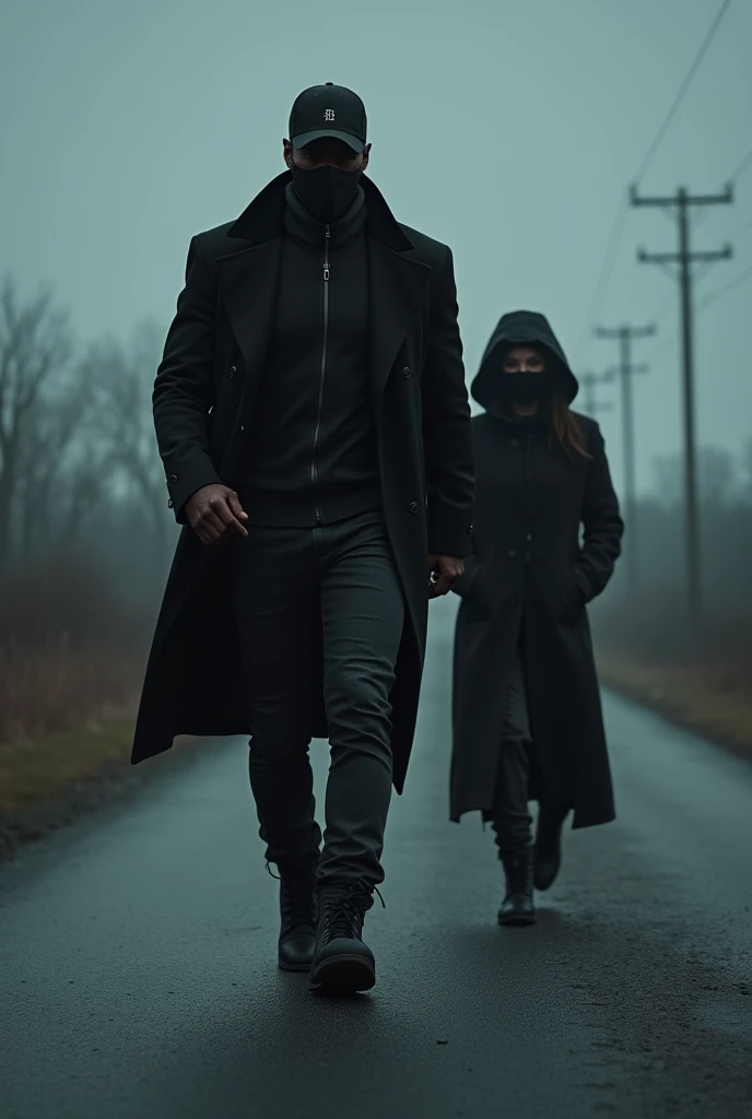 Tall, black-skinned man, wearing black surgical mask, Black cap, Black jacke, black gothic style pants, walking down the road with his girlfriend 