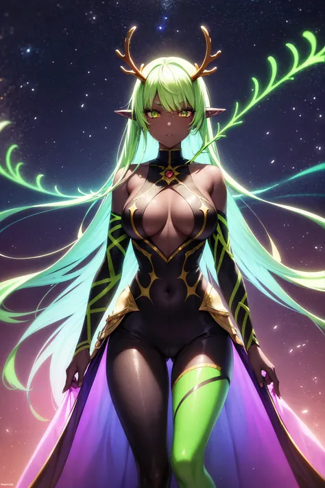 prismatic coloration, holographic environment, young African girl, Deep black skin, Beautiful, elven ears, serious glare, Neon green hair, Heterochromia with deep one eye green & one eye Gold, C-cup breasts, lithe, fit, form-fitting bodysuit with a deep ne...