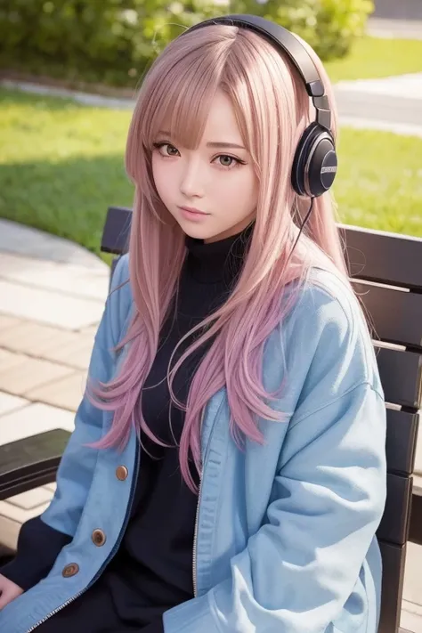 A close-up of a person sitting on a bench with headphones on., an anime drawing inspired by Ayami Kojima, trend on pixiv, Realism, beautiful anime girl, attractive anime girl, realist anime artstyle, realistic young anime girl, estilo de Realismo anime, an...