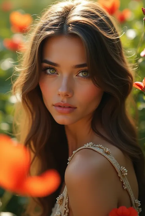 A beautiful young woman with long flowing hair, sitting in a lush, verdant garden surrounded by vibrant flowers. Her eyes are captivating, her skin is flawless, and her expression is serene and contemplative. The scene is bathed in warm, golden sunlight, c...