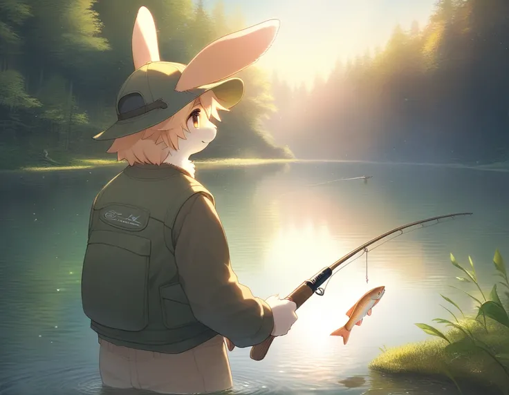 ((Masterpiece)), ((Best Quality)), (Very Detailed), ((Very Detailed)), 4K, (8K), very aesthetic, absurdres highres, 1 man, (anthropomorphic Rabbit, furry, kemono:1.5), A scene where a fisherman is holding a fishing rod and catching a fish on the shore of a...