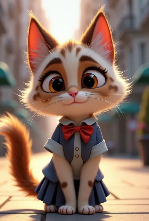 Create an image of a white Zootopia-style kitten with dark brown spots on its body and a thick brown tail dressed in a schoolgirl uniform 