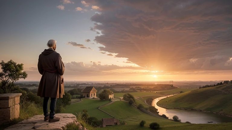 A serene and timeless image of Leonardo da Vinci standing on the edge of a Renaissance landscape, gazing at the horizon. The scene mixes elements of nature, art and invention, capturing the essence of his genius. Ao longe, the sun sets, casting a warm glow...