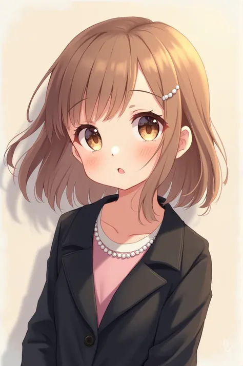 Young anime style girl with light brown hair, big, kind, light pink eyes, She wears a black coat and a pearl necklace