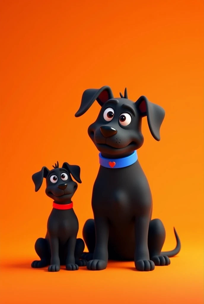 Generates an animated image of two black dogs, one large with a red collar and the other with a blue collar, on an orange background. Both sitting and with short hair, that they look naughty