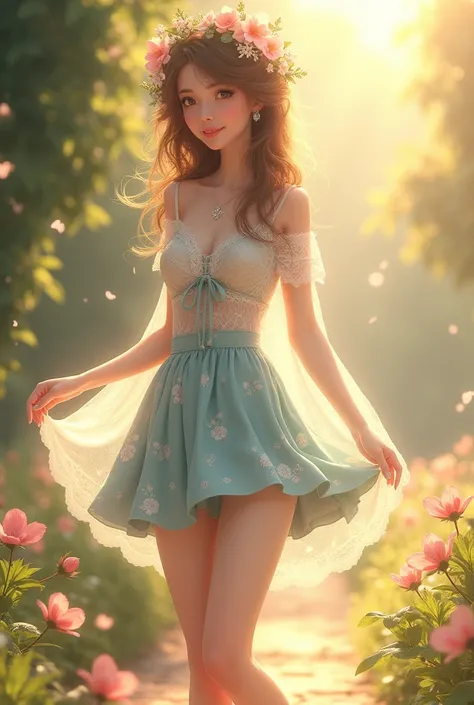 Ultra high quality，High heel，Lace Shawl，Smile，Sunlight，Light blue floral skirt，Wear flowers on your head，charming，Ribbon，High heel，Long legs，student