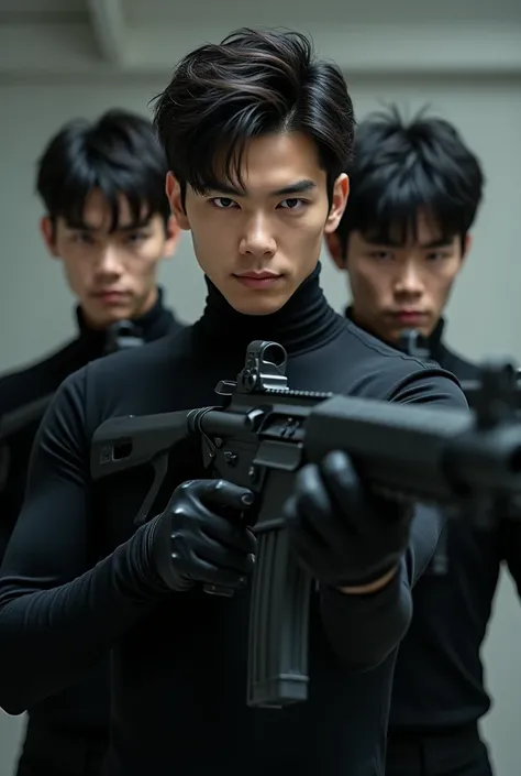 Three Japanese handsome male college students shoot each other with rifles。Full body black。The clothes are black。Gloves are black。Everyone stands in the same position in a row。Don&#39;t blur the background。Everyone holds their rifles in front of them.。Poin...