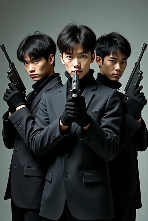 Three Japanese handsome male college students shoot each other with rifles。Full body black。The clothes are black。Gloves are black。Everyone stands in the same position in a row。Don&#39;t blur the background。Everyone holds their rifles in front of them.。Poin...