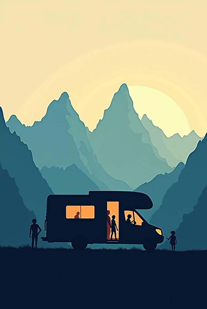 Create an image where you have a motorhome and mountains in the background with only the silhouette having more life

