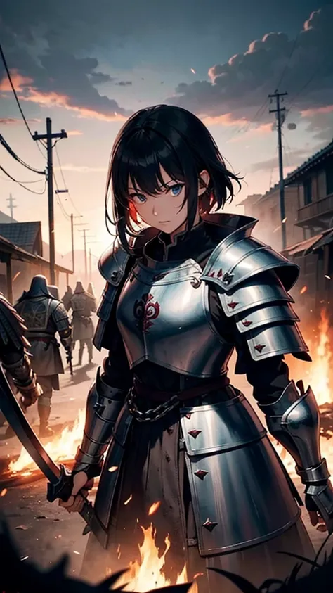 Best image quality、Medieval European streets、Destroyed wooden battlefield barricades、A large number of knights、Flames rising from the city、Swords and arrows piercing the earth、地面に横たわるLots of bloodまみれの死体、Grotesque depiction、The ground stained with red-black...