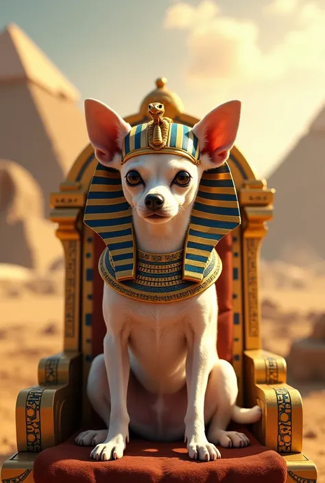 "A short-haired white Chihuahua, depicted as an ancient Egyptian Pharaoh, sits regally on a golden throne adorned with intricate hieroglyphs and precious gems. The Chihuahua wears a traditional pharaohs headdress with a cobra emblem, and its posture is pro...