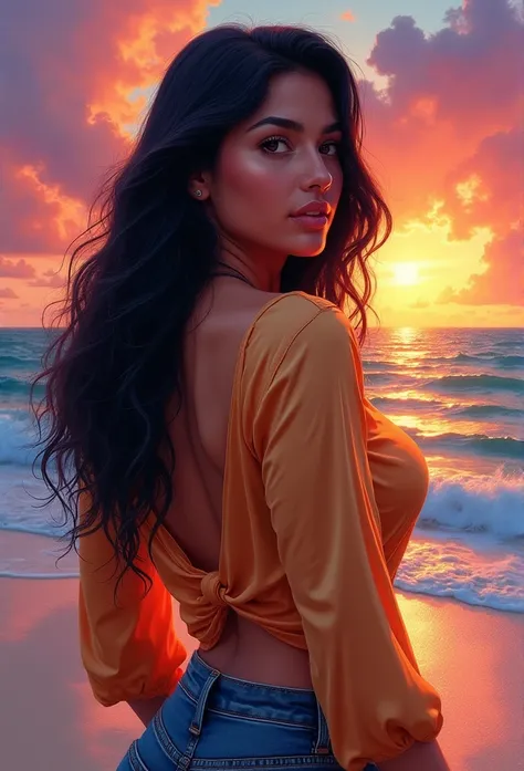 a water color painting of a Mexican woman, plump and curvy body, with a silk shirt and a colorful sunset beach background, gorgeous digital painting, beautiful character painting, elegant digital painting, fully clothed. painting of sexy, hd digital painti...