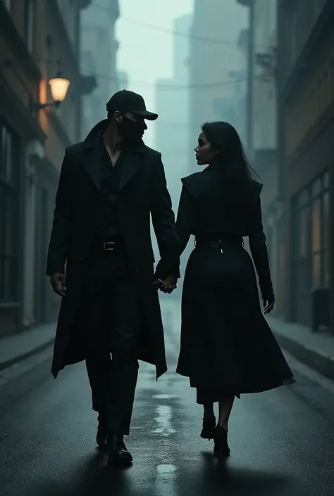 A man with black skin and tall stature, wearing a black surgical mask, Black cap, black jacket and black pants in gothic style, walks down the road hand in hand with his girlfriend, who is also black-skinned.