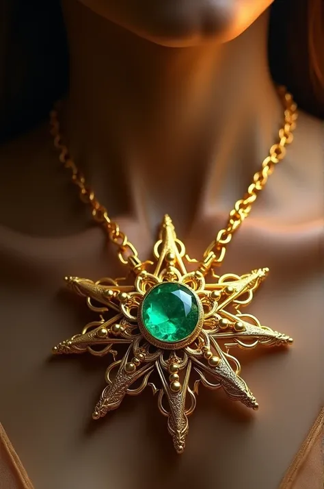 Create a golden necklace with a star-shaped pendant with an emerald stone in the middle in turquoise green 