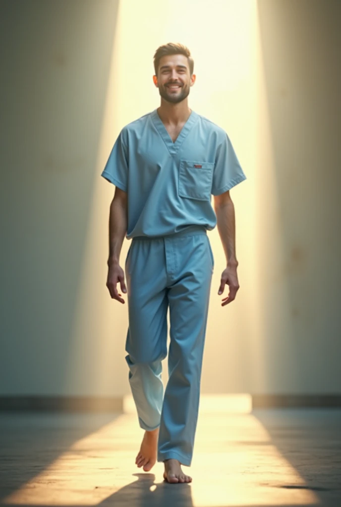 A white Caucasian man with short black hair. Without beard.barefoot. stopped. Wearing a light blue nurse-style overall. Long sleeve In a spiritual environment , with a ray of light. Arms with some movement but in a relaxed attitude. standing. slight smile....