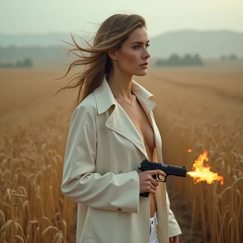 Naked woman in white coat, middle-aged woman, beautiful woman, open body, light autumn rain, full body portrait, staying in a wheat field, pistol with silencer in right hand, pistol with silencer, gun in right hand, profile shot from the right side, beauti...