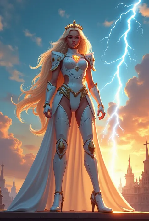 (superheroic pose: 1.9) Princess Gwynne (she-ra) stands confidently on the deck of a majestic floating castle ship in mid-air above the clouds. Her iconic tiara shines brightly, while her white armor glows softly. The (majestic architecture of the ship) ri...