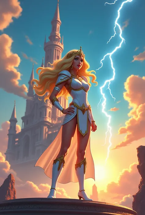 (superheroic pose: 1.9) Princess Gwynne (she-ra) stands confidently on the deck of a majestic floating castle ship in mid-air above the clouds. Her iconic tiara shines brightly, while her white armor glows softly. The (majestic architecture of the ship) ri...