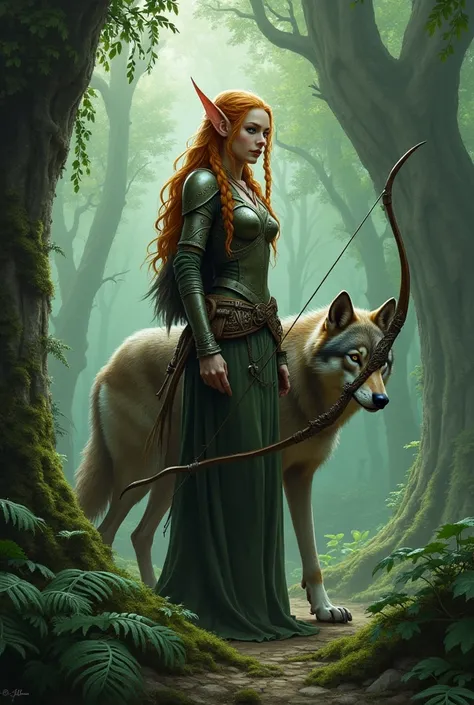 Fantasy: female elf, with bow, in a forest, braided ginger hair, blind on one eye so her eye is kinda fogged up, dressed in wood elf armor, her wolf familiar beside her