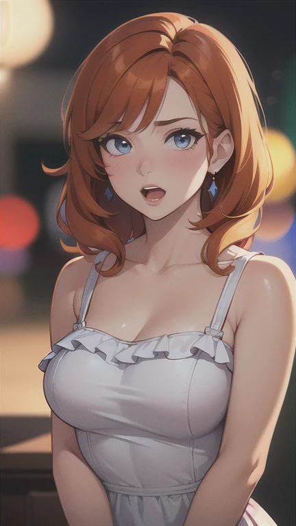 (avergonzado, redhead, orange hair, weriart style, 1 girl, blush, upper body, extremely detailed eyes, collarbones, ruffled dres...