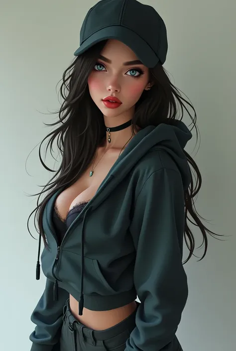 An introvert girl with red lips and bluish grey eyes whos really pretty and has perfect body and big boobs .... Wears a hoodie that compliments her big breast and curves and three quarter pants and a cap that holds her knee length hair.