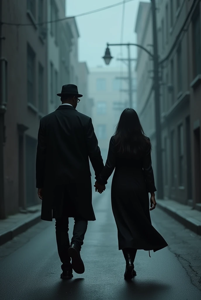 A man with black skin and tall stature, wearing a black surgical mask, Black cap, black jacket and black pants in gothic style, walks down the road hand in hand with his girlfriend, who is also black-skinned.