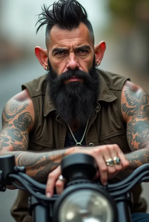 Man with long black beard , oreilles legerement decolles . tattooed on a motorcycle childish look 40 years old short hair in crest  , average build without abs . Rings on fingers 