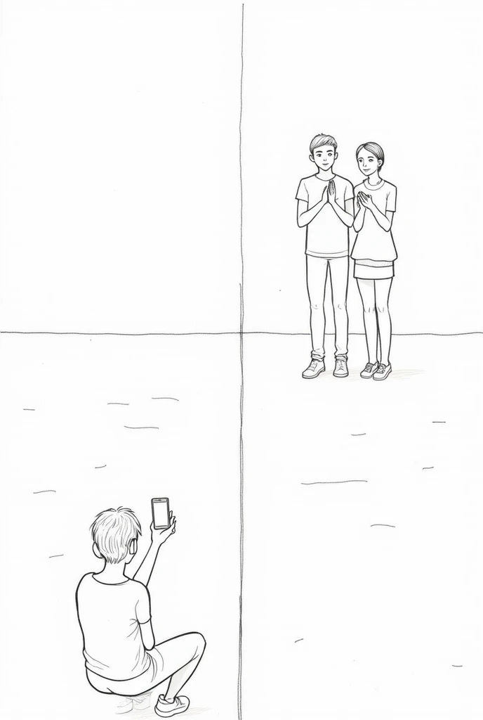 Drawing of two people standing separated by a horizontal line on the ground 5 meters from left to right and each person is applauding and each person has another person sitting on the ground behind them with a cell phone and a notebook on the ground.

