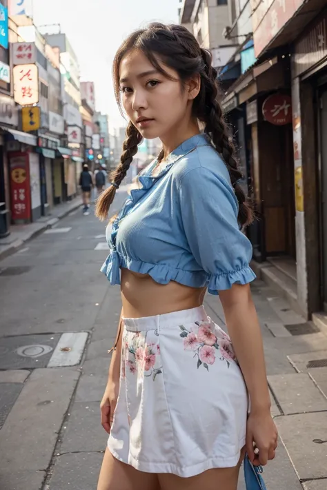 Woman posing in streets of Seoul Korea, big pleated fluffy braids in hair, sexy body, sexy floral blue outfit