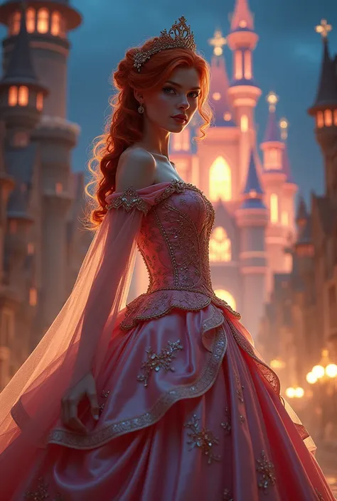 redhead woman in princess costume,bright castle background at night,fully body