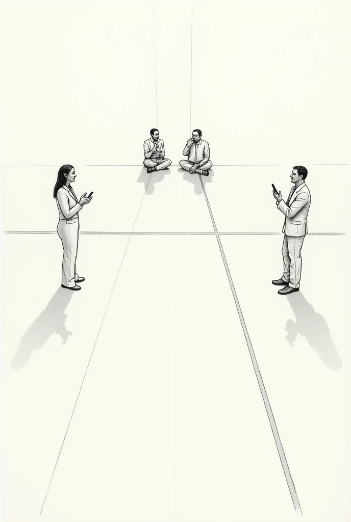 Drawing of two people standing separated by a horizontal line on the ground 5 meters from left to right and each person is applauding and each person has another person sitting on the ground behind them with a cell phone and a notebook on the ground.

