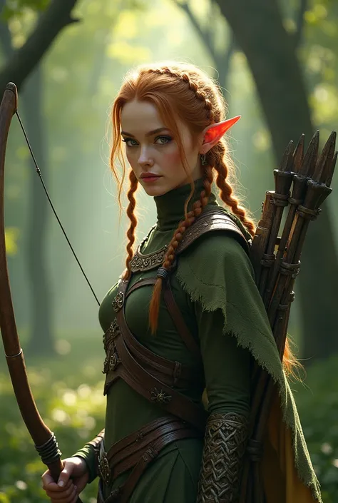 Fantasy: female elf, with bow, in a forest, braided ginger hair, one eye white and foggy, dressed in wood elf armor