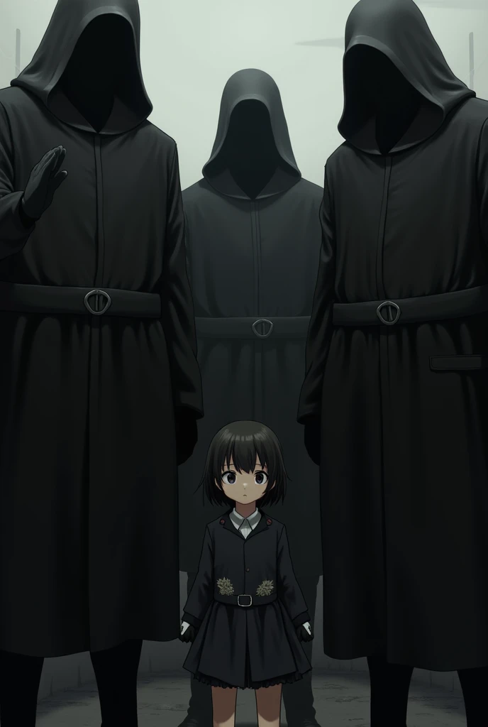 A girl. Amidst three tall soldiers in black 