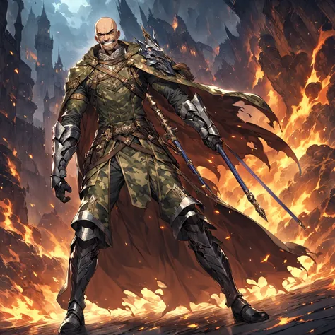 masutepiece, Best Quality,  Highly detailed, epic exquisite character art, A Man, (((Solo))), (muscular guy, Middle Age, 50 years old, , Bald, shaved hair, Black short mustache), (Paladin Knight of Arab aesthetics, Wearing a military uniform with a camoufl...