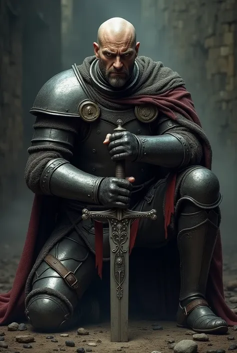 An evil-faced English warrior on his knees with a sword in his hand