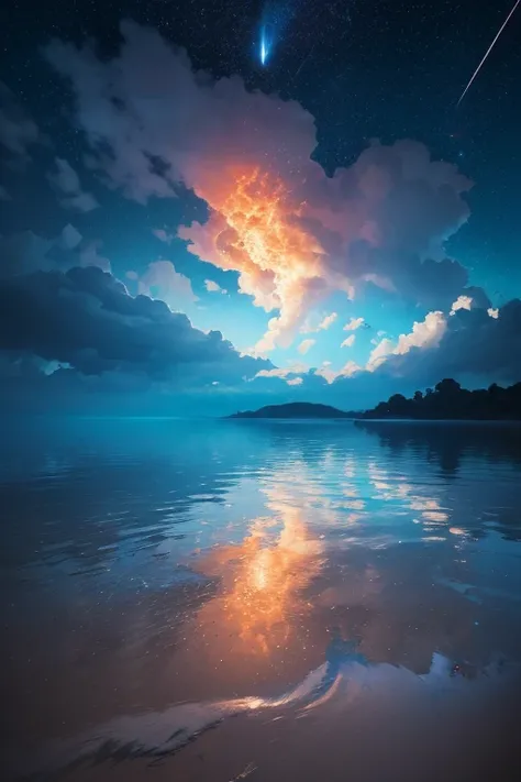 1 person, eye, close, Beautiful night sky, Meteors, Beyond the Clouds, Surrounded by water, reflection, Wide Angel, Breathtakingly beautiful clouds, Wide-angle, by makoto shinkai, Thomas Kinkade, James Gillard, From holosomnialandscape, High resolution, Vo...