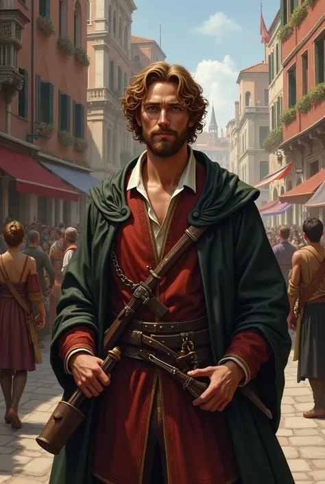 a very white European man merchant from Venice, hair brunette, with a brown beard, clothes not so exuberant and not so simple. Carrying weapons. In the background there are old streets. With ancient architecture and lots of people in the background