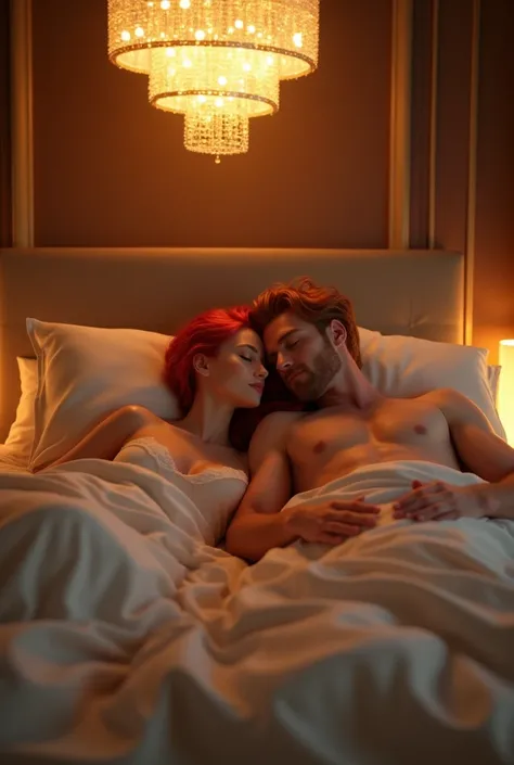 redhead woman with her redhead boyfriend lying on a bed in the hotel with led and chandeliers