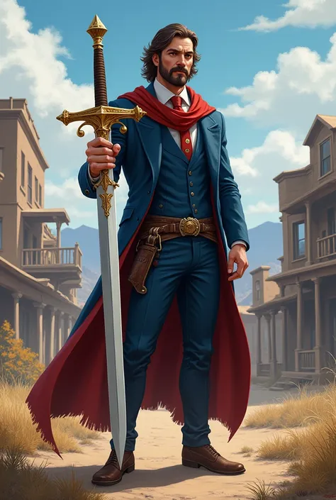 He is a man standing at 1.15 meters tall with a normal build. He has medium-length brown hair and a beard in the style of friendly mutton chops. He is very well-dressed in a blue suit with a red tie. He carries the legendary sword Excalibur and has a magni...